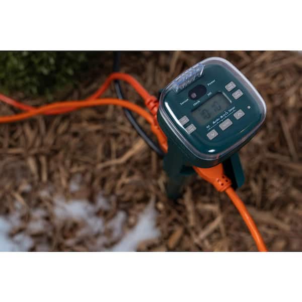 UltraPro Outdoor Digital Stake Timer, 6 Grounded Outlets, 2 Custom On/Off Times, 19in Cord 4 pc Tray
