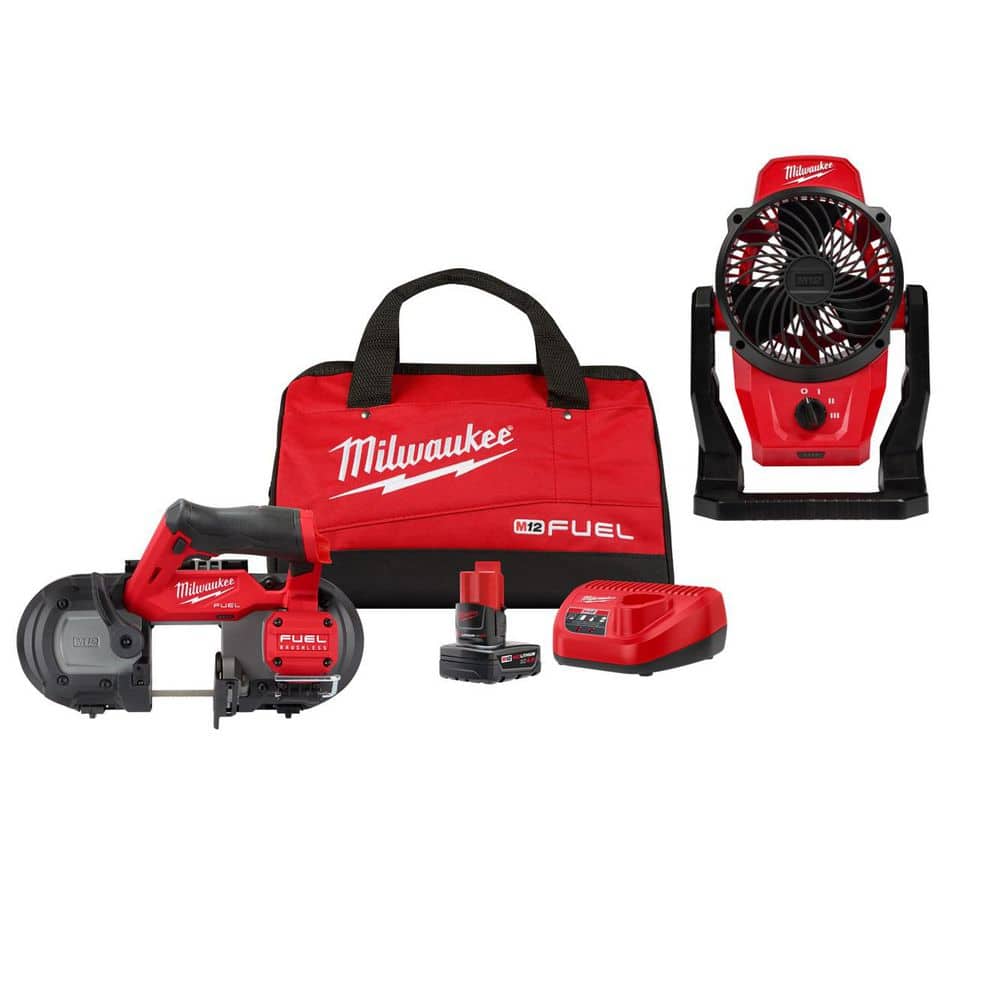 Milwaukee M12 FUEL 12V Lithium-Ion Cordless Compact Band Saw XC Kit with One 4.0 Ah Battery, Charger, Bag, and Fan