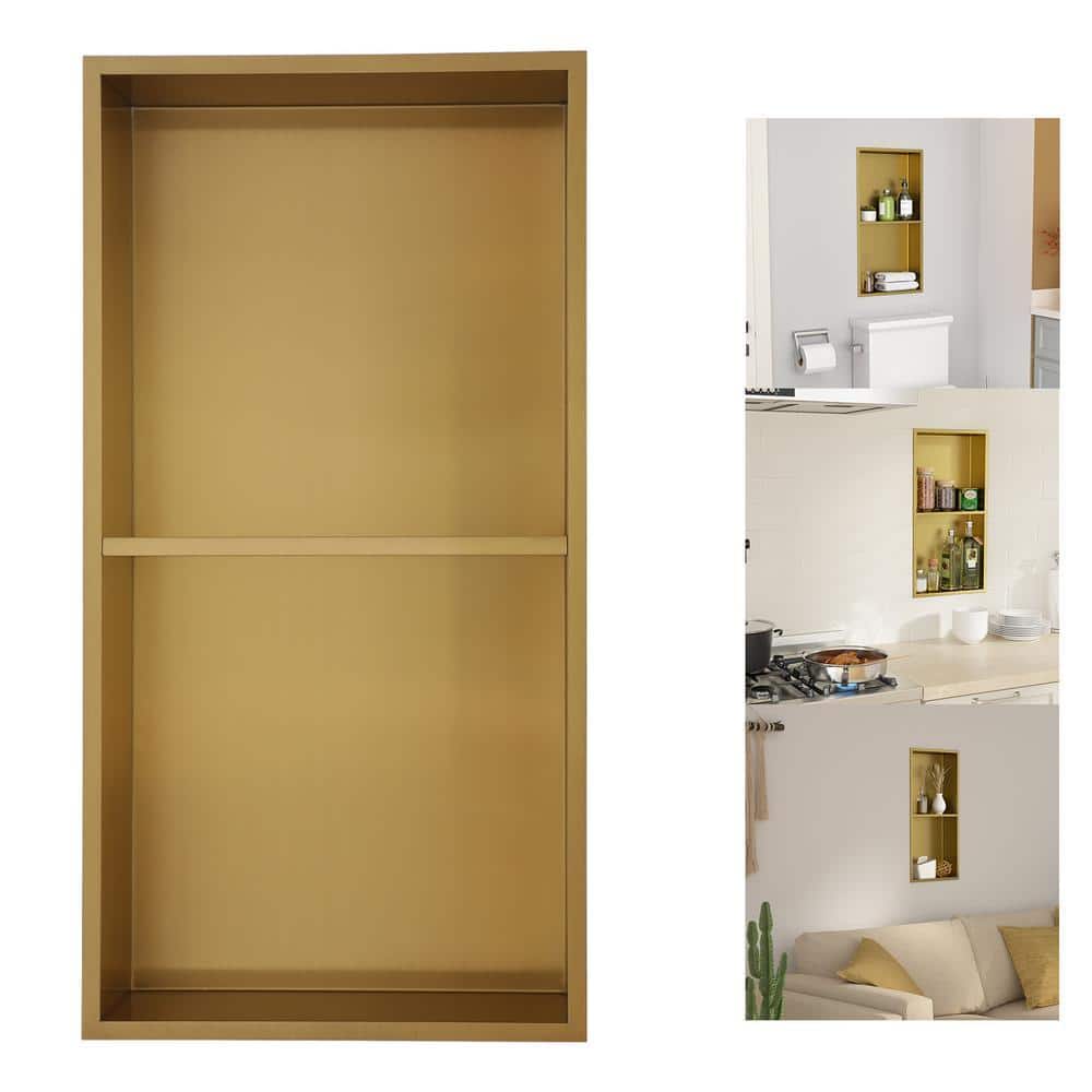 LORDEAR 13 in. W x 25 in. H x 4 in. D 18-Gauge Stainless Steel Bathroom Shower Niche in Matte Gold with Shelf