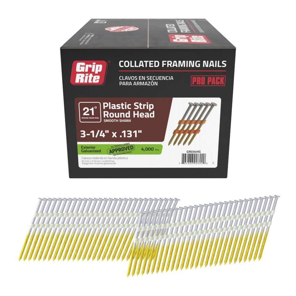 Grip-Rite 3-1/4 in. x 0.131 in. 21° Plastic Collated Exterior Galvanized Smooth Shank Round Head Framing Nails 4000 per Box