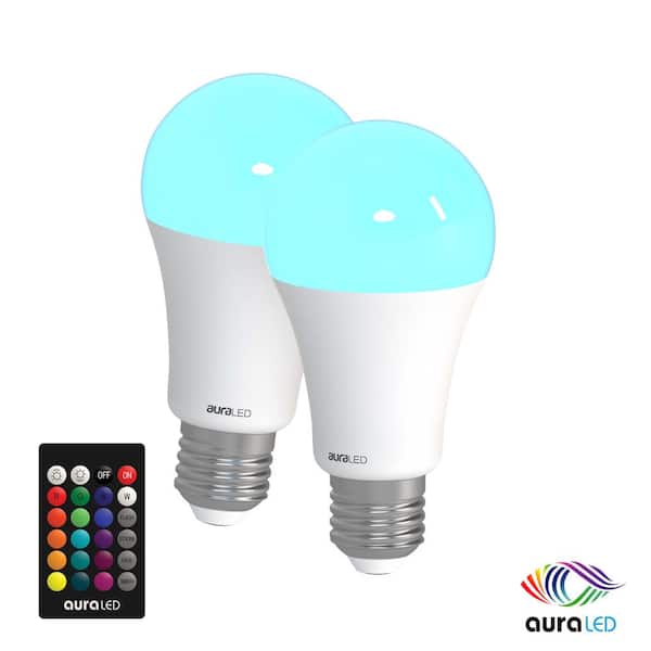 auraLED 40-Watt Equivalent A19 2700K Standard Dimmable with Remote Aura Decorative LED Light Bulb Multi-Color (2-Pack)