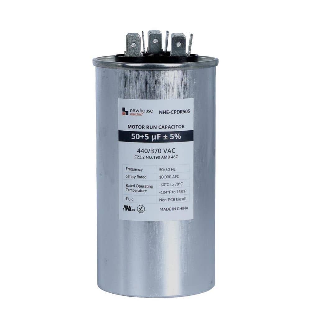 NEWHOUSE ELECTRIC Dual Run Capacitor 50/5 MFD 440/370 VAC for Air Conditioner and Heat Pump Systems, Round, Metal