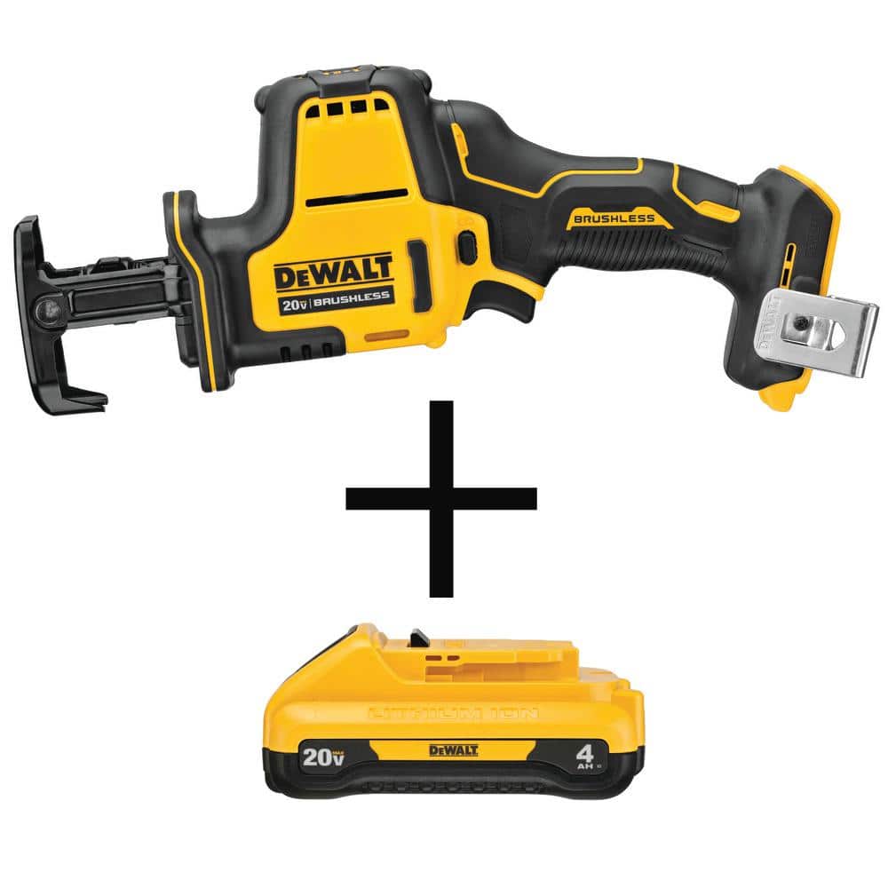 DEWALT ATOMIC 20V MAX Cordless Brushless Compact Reciprocating Saw and (1) 20V MAX Compact Lithium-Ion 4.0Ah Battery