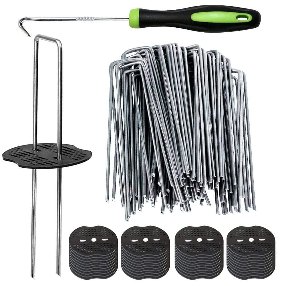 NVNOO 100 Piece 11 Gauge U Shaped Galvanized Landscape Pins and 100 Piece Gasket, 6 in. Heavy Duty Garden Stakes Staples