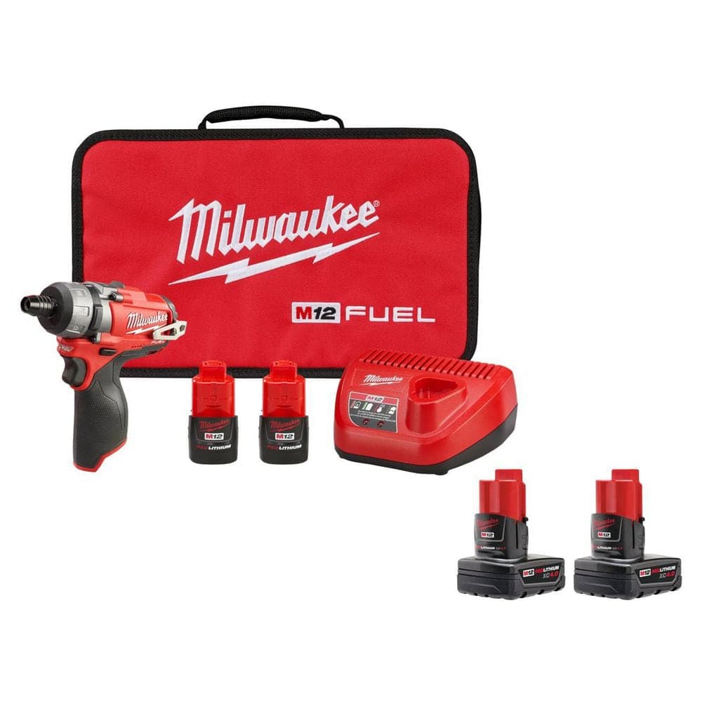 Milwaukee M12 FUEL 12V Lithium-Ion Brushless Cordless 1/4 in. Hex 2-Speed Screwdriver Kit W/(2) 2.0h Batteries, Bag,&4.0 (2-Pack)
