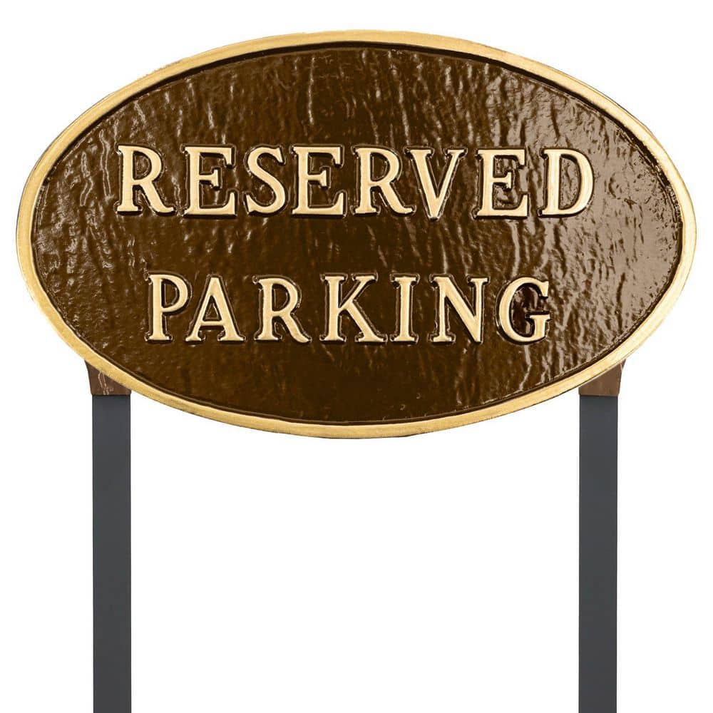 Montague Metal Products 10 in. x 18 in. Large Oval Reserved Parking Statement Plaque Sign with Lawn Stakes-Oil Rubbed/Gold