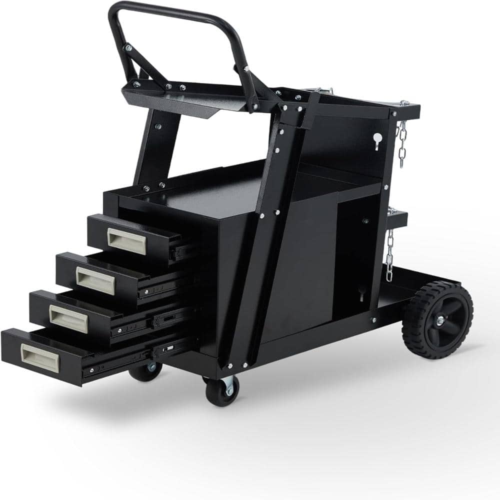 PioneerWorks Heavy Duty Welding Cart with 4 Drawers & Tank Storage - 270LB Capacity - Industrial Steel Welder Trolley - Smooth Rollin