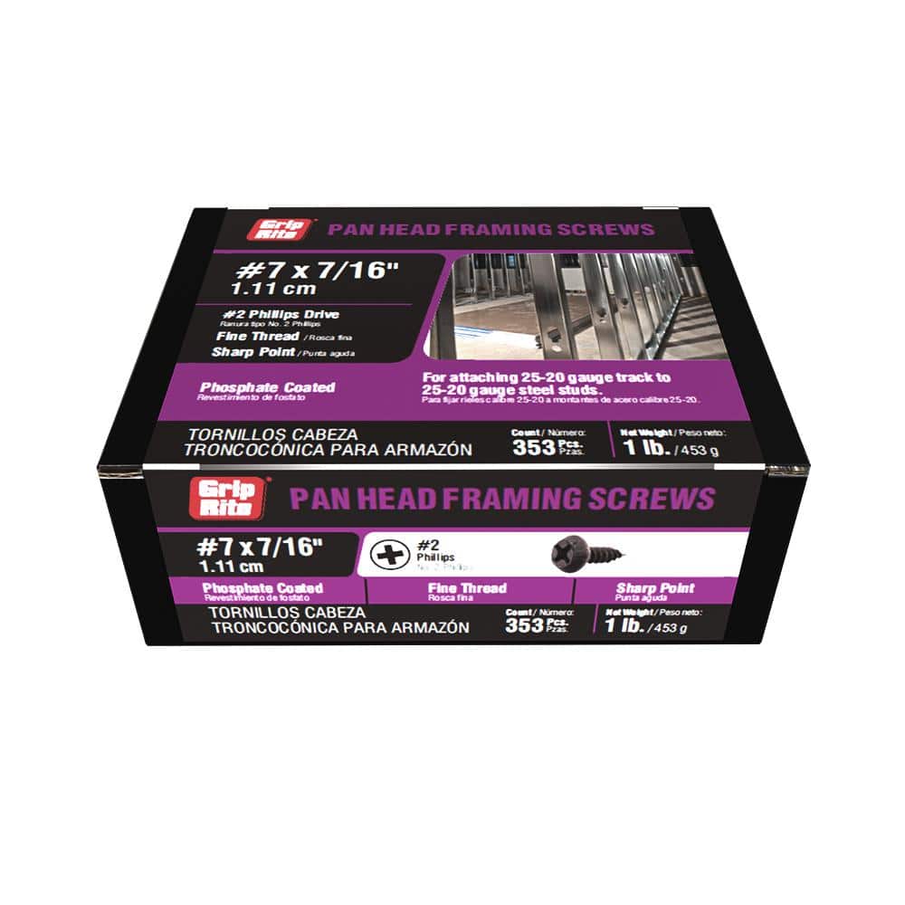Grip-Rite #7 x 7/16 in. #2 Phillips Phosphate Coated Pan Head Fine Thread Framing Screws 1 lb. Box