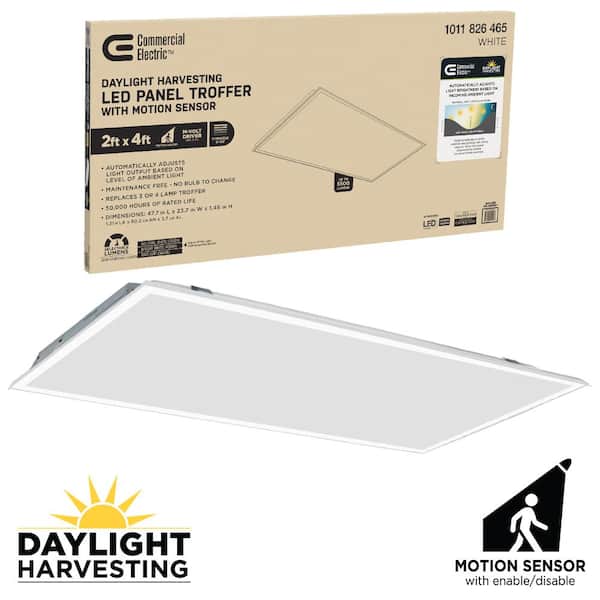 Commercial Electric 2 ft. x 4 ft. Daylight Harvesting LED Panel Light Troffer w/ Motion Sensor Adjustable CCT Lumens Watts 120-277V Dimmable