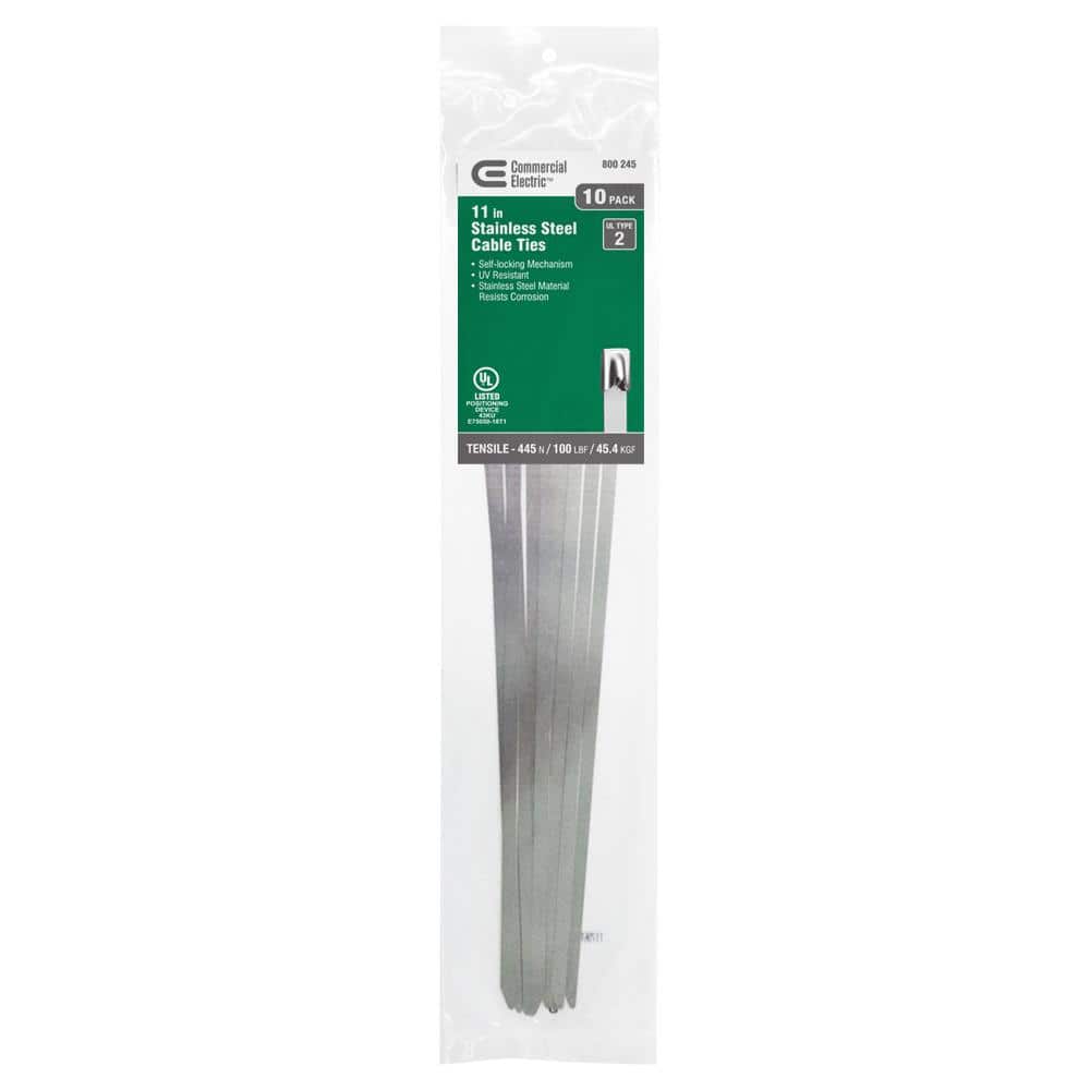 Commercial Electric 11in Stainless Steel Corrosion Resistant UL Certified Cable Zip Ties 10 Pack (Stainless Steel)