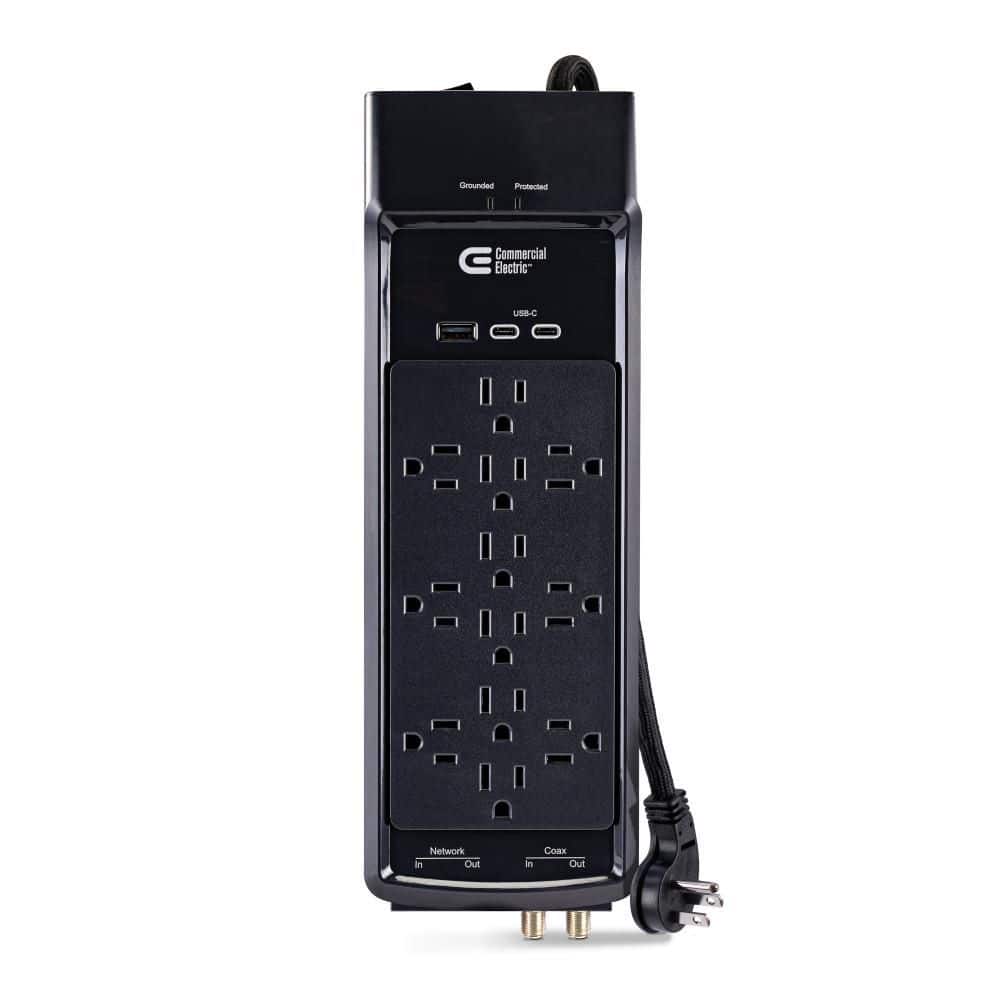 Commercial Electric 15 ft. 12-Outlet Surge Protector Braided Cord with 1 USB-A and 2 USB-C, Black