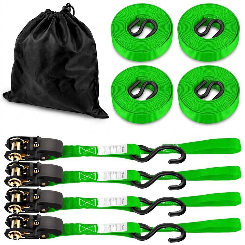 LAIFUCAM 17 ft x 1 in Ratchet Tie Down Straps Heavy Duty S-Hook Weather Resistant Cargo Securement 4 Pack Green