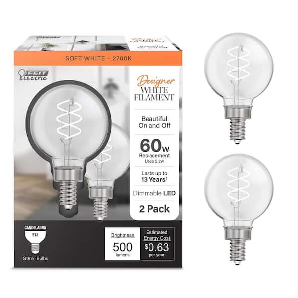 Feit Electric 60-Watt Equivalent G16.5 Double Spiral White Thin Filament Clear E12 Candelabra LED Light Bulb, Soft White 2700K(2-Pack)