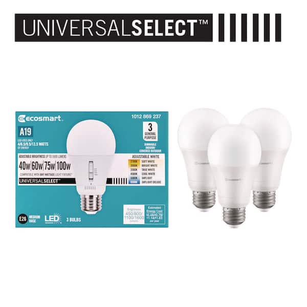 EcoSmart Universal Select 40/60/75/100-Watt Equivalent A19 Dimmable LED Light Bulb with Selectable Color Temperature (3-Pack)