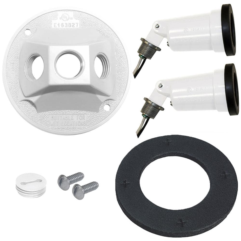 Commercial Electric Weatherproof Metal Security Flood Light Kit with Lamp Holders and Round Outlet Cover, White