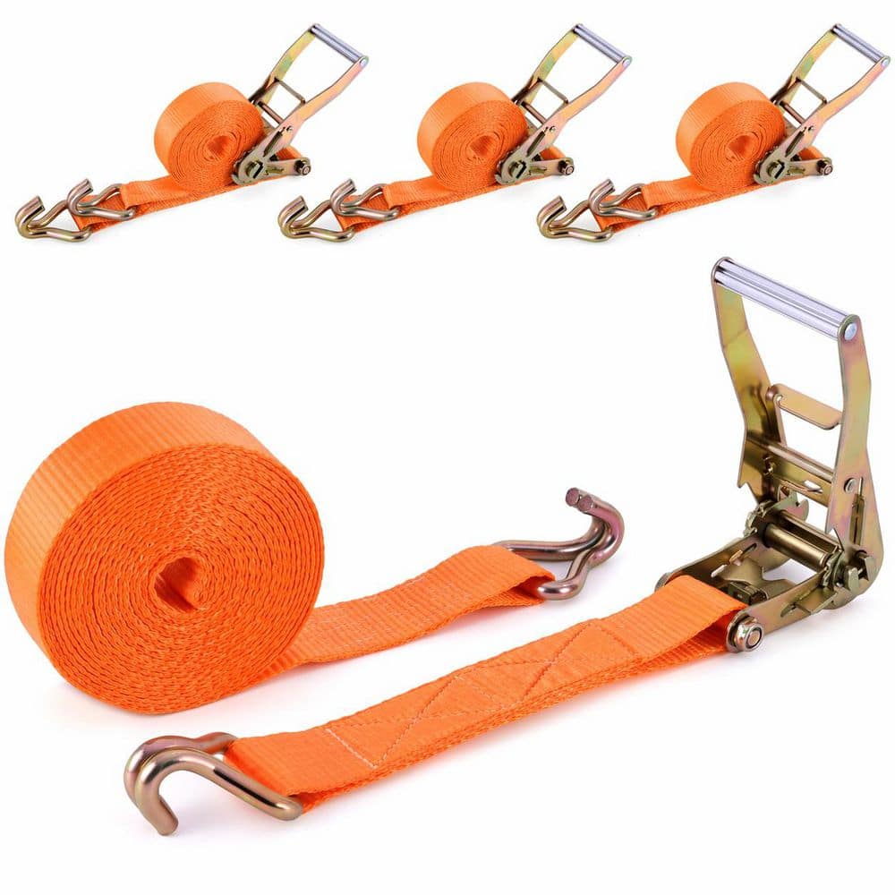 LAIFUCAM 2 in. x 20 ft. Ratchet Straps with Double J-Hooks High-Visibility Orange 10000 lbs. Break Strength 4-Pack