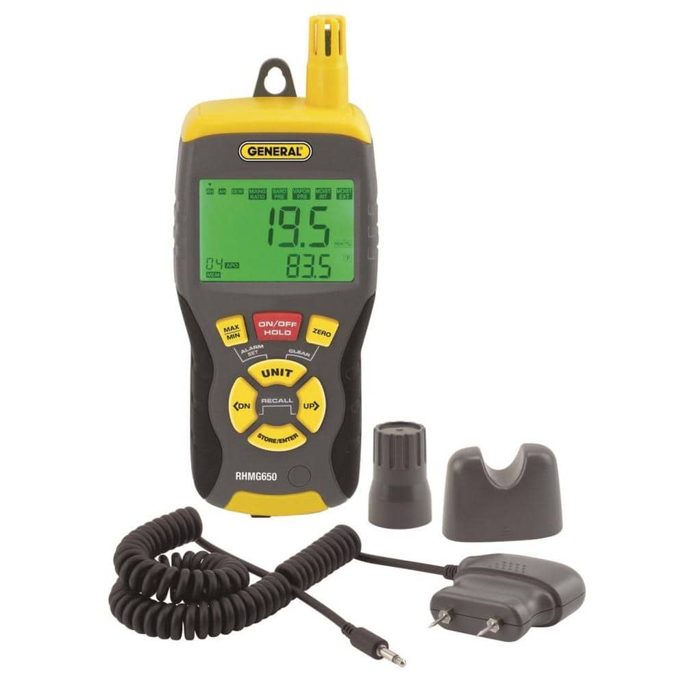 General Tools 9-in-1 Thermo-Hygrometer Pin/Pinless Moisture Meter with Probe and Carry Case