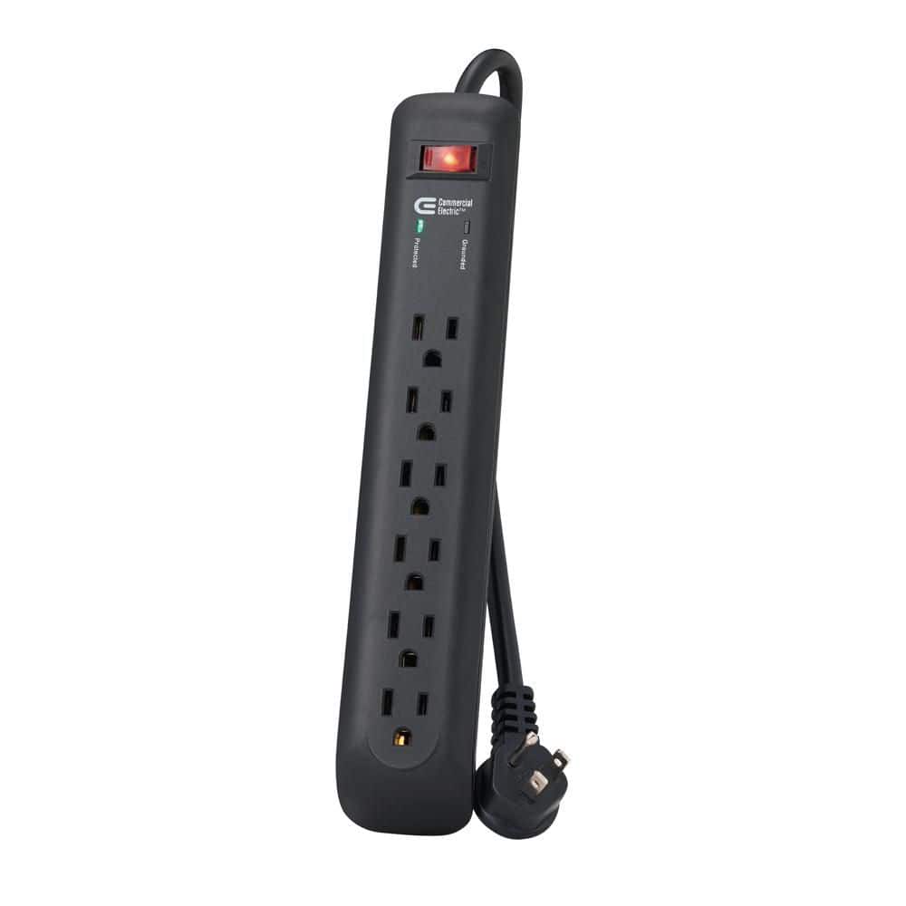 Commercial Electric 8 ft. 6-Outlet Surge Protector with 45° Flat Angle Plug, Black