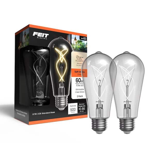 Feit Electric 60W Equiv. ST19 Dim. Knot White Filament Clear Glass E26 Vintage Edison LED Straight Tapered Light Bulb Soft White 2-PK
