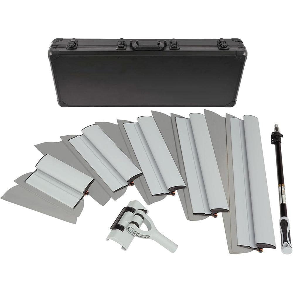 KIWDZFU 13-Piece Drywall Skimming Blade Set with Extension Pole and Transport Case, Stainless Steel Edge, Ergonomic Handle
