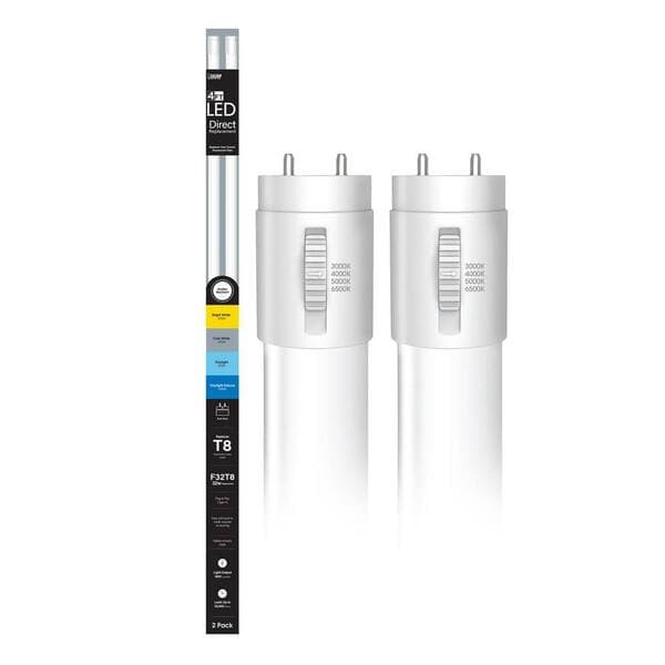 Feit Electric 32-Watt 4 ft. T8 G13 Type A Plug and Play Linear LED Tube Light Bulb, Selectable White 3000K,4000K,5000K,6500K (2-Pack)