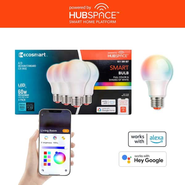 EcoSmart 60-Watt Equivalent Smart A19 E26 Base Color Changing CEC LED Light Bulb with Voice Control (4-Bulb) Powered by Hubspace