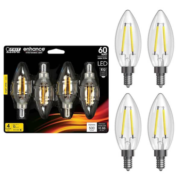 Feit Electric 60-Watt Equivalent B10 E12 Candelabra Dimmable Filament CEC Clear Glass Chandelier LED Light Bulb Bright White (4-Pack)