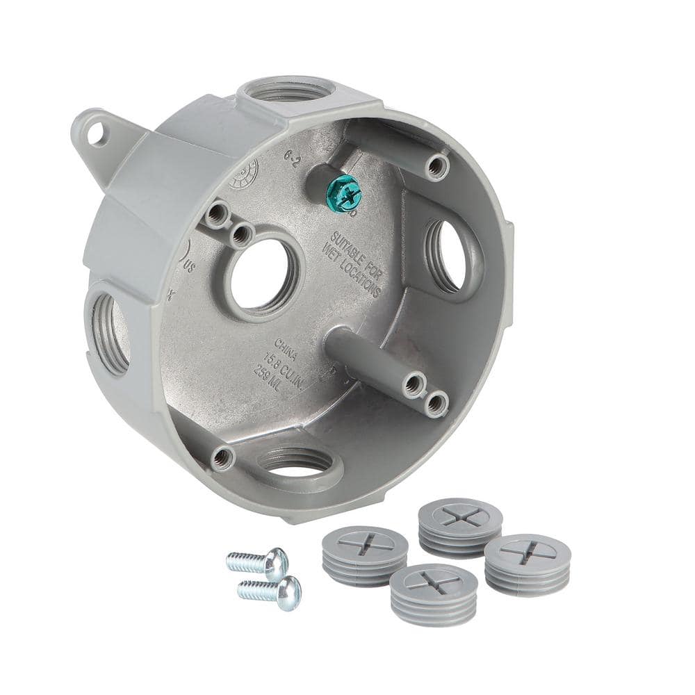 Commercial Electric 4 in. Round Metallic Weatherproof Outlet Box with (5) 1/2 in. Holes, Gray
