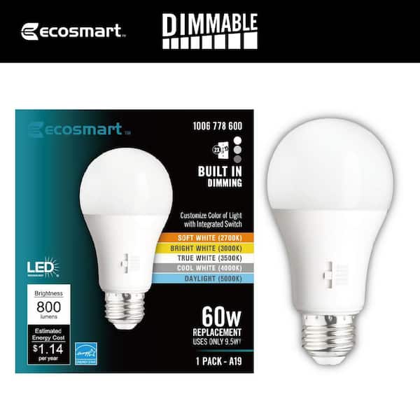 EcoSmart 60-Watt Equivalent A19 E26 Base CEC Built in Dimming LED Light Bulb with Selectable Color Temperature (1-Pack)