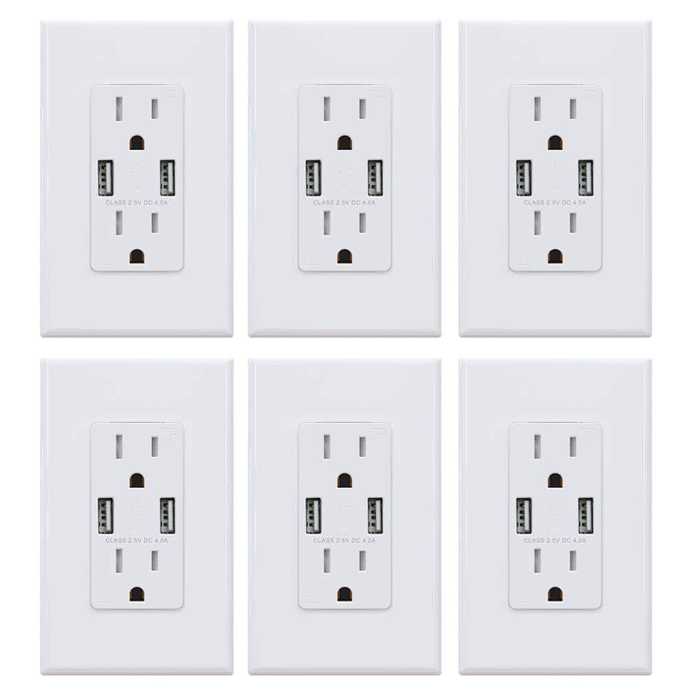 ELEGRP 4.0 Amp Dual USB Ports with Smart Chip, 15 Amp Duplex Tamper Resistant Outlet Wall Plate Included, White (6-Pack)