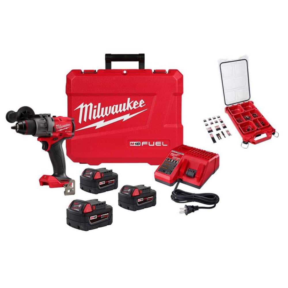 Milwaukee M18 FUEL 18V 1/2 in. Hammer Drill Kit w/ (3) 5. 0Ah Batteries, Hard Case with 100-Pc Bit Set w/ PACKOUT