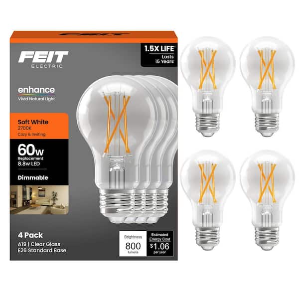 Feit Electric 60-Watt Equivalent A19 Dimmable Clear Glass Filament LED Light Bulb Soft White (4-Pack)