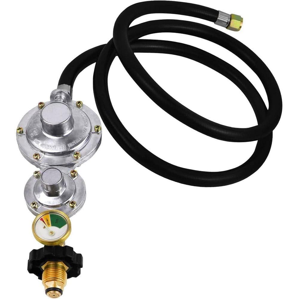 Lukvuzo Two Stage Propane Regulator w/ 5ft Hose & Gauge Standard P.O.L Tank Connection 3/8in Female Flare Fitting CSA Certified
