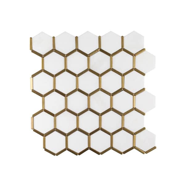 Jeffrey Court Karats White 10.625 in. x 11.125 in. Hexagon Polished Marble/Gold Metal Floor and Wall Mosaic Tile (0.820 sq. ft./Each)