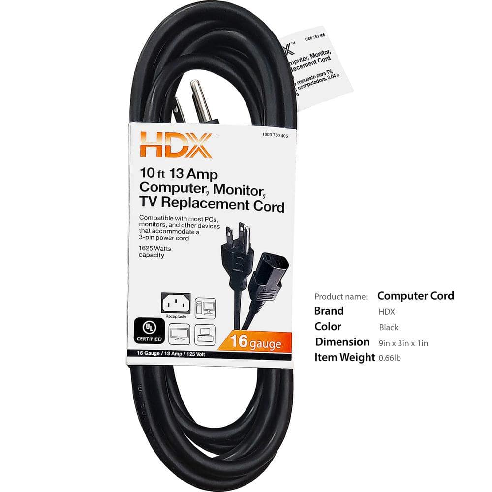 HDX 10 ft. 16/3 Light Duty Computer, Monitor, TV Replacement Cord, Black