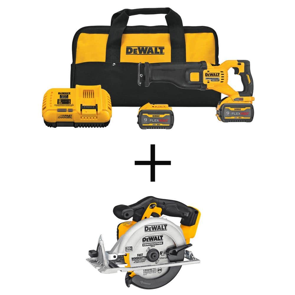 DEWALT FLEXVOLT 60V MAX Cordless Brushless Reciprocating Saw and 20V 6-1/2 in. Circular Saw with (2) FLEXVOLT 9.0Ah Batteries