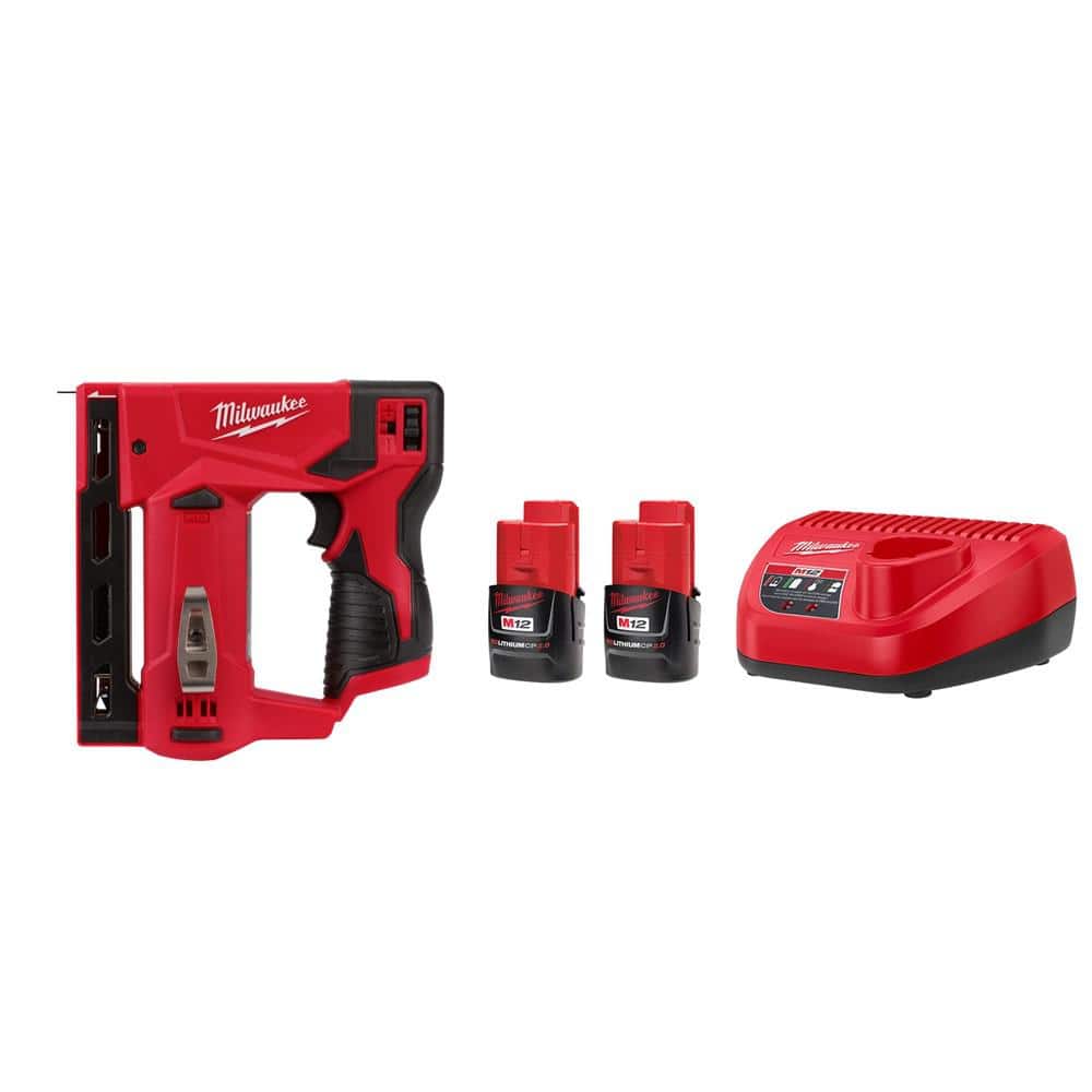 Milwaukee M12 12-Volt Lithium-Ion Cordless 3/8 in. Crown Stapler with M12 Compact 2.0 Ah Battery (2-Pack) Starter Kit and Charger