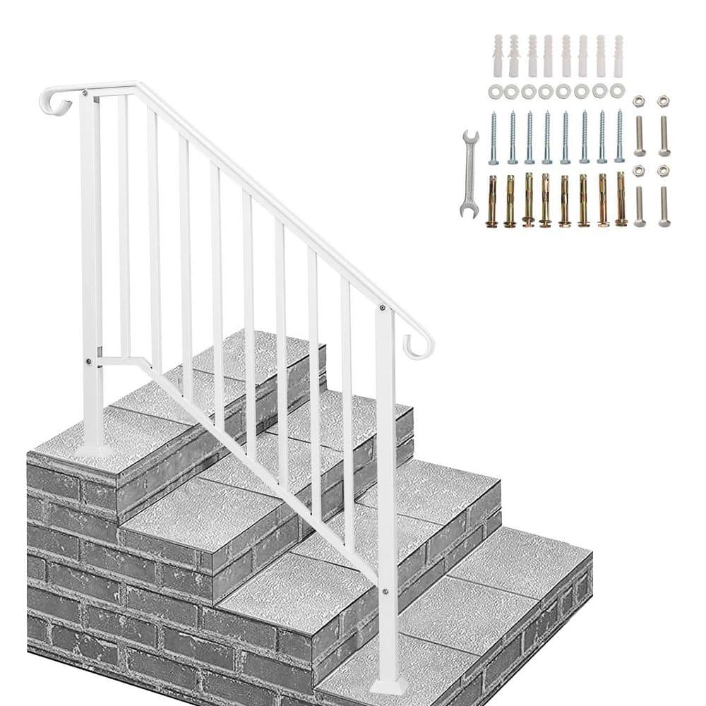 NVNOO 3-4 Step White Wrought Iron Handrail Kit for Outdoor Steps Concrete Steps and Wooden Stairs (1-Pack)
