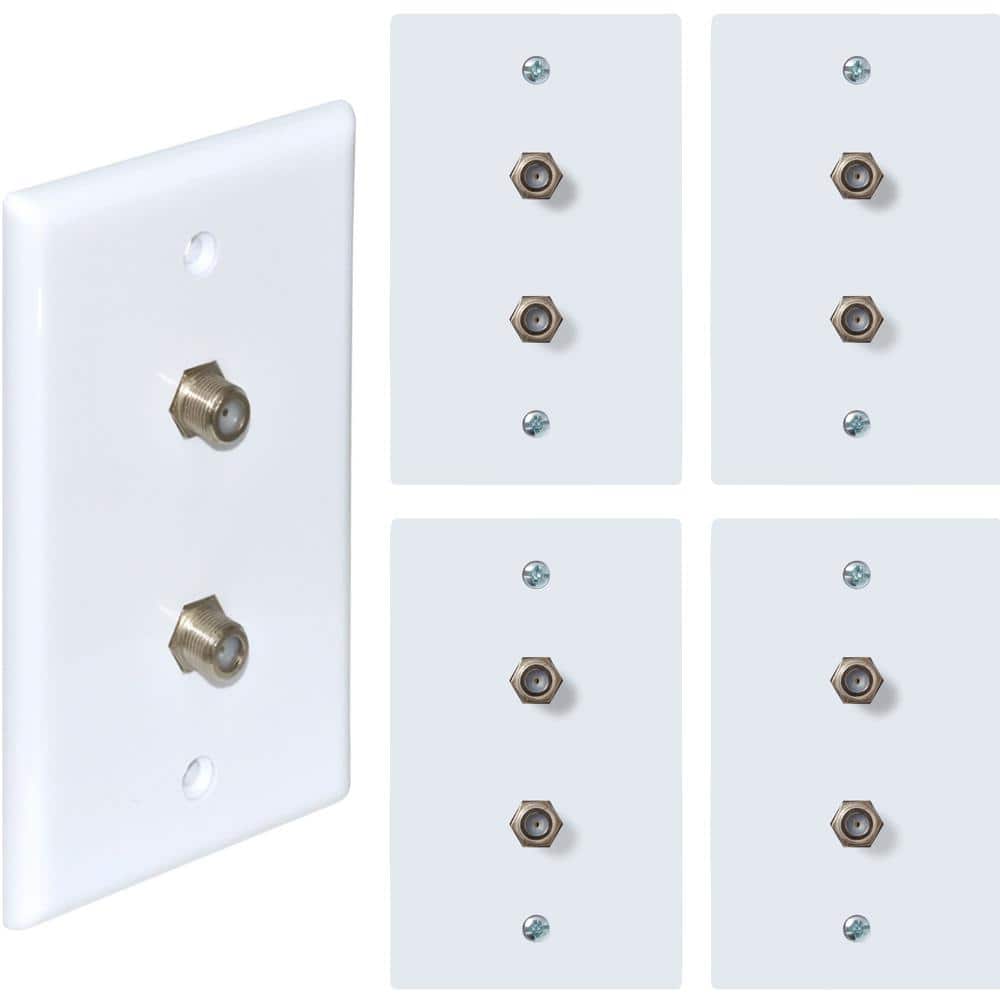 Newhouse Hardware White 1-Gang Coaxial TV Cable Wall Plate, F Connector, for Coax Cable, Double Port Video Wall Jack (5-Pack)