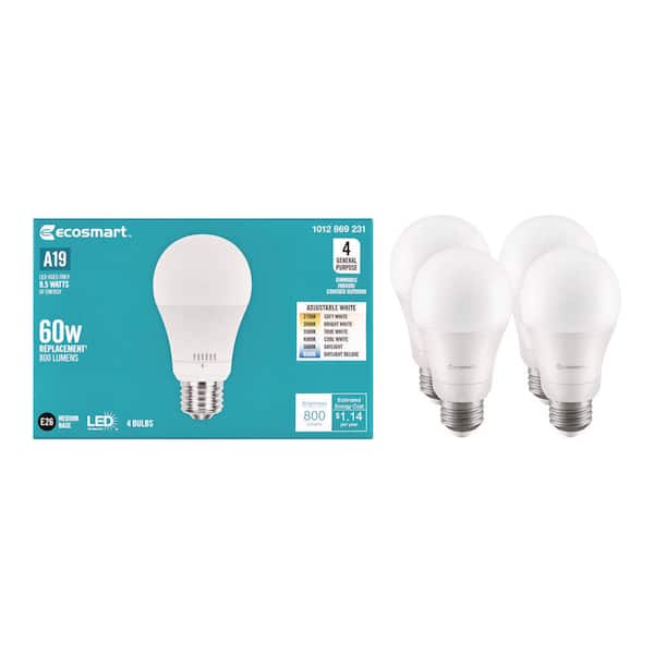 EcoSmart 60-Watt Equivalent A19 E26 Base Dimmable LED Light Bulb with Selectable Color Temperature (4-Pack)