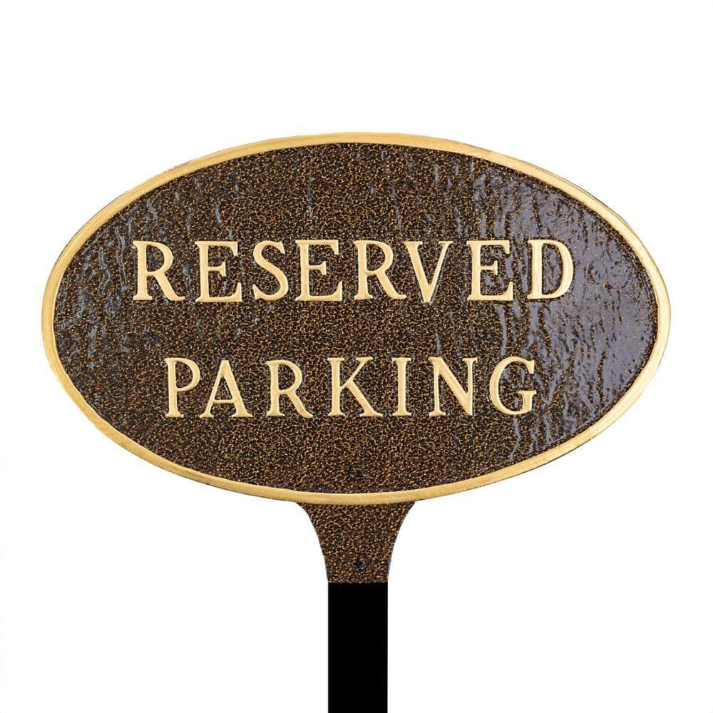 Montague Metal Products 6 in. x 10 in. Small Oval Reserved Parking Statement Plaque Sign with Lawn Stake-Hammered Bronze