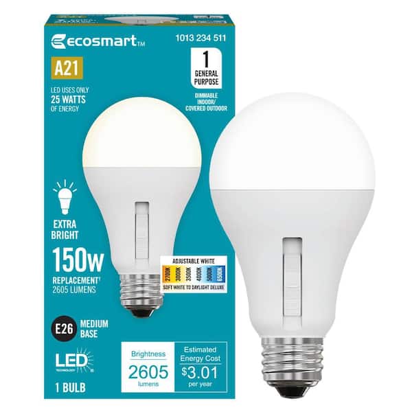 EcoSmart 150-Watt Equivalent A21 Dimmable LED Light Bulb 6-CCT