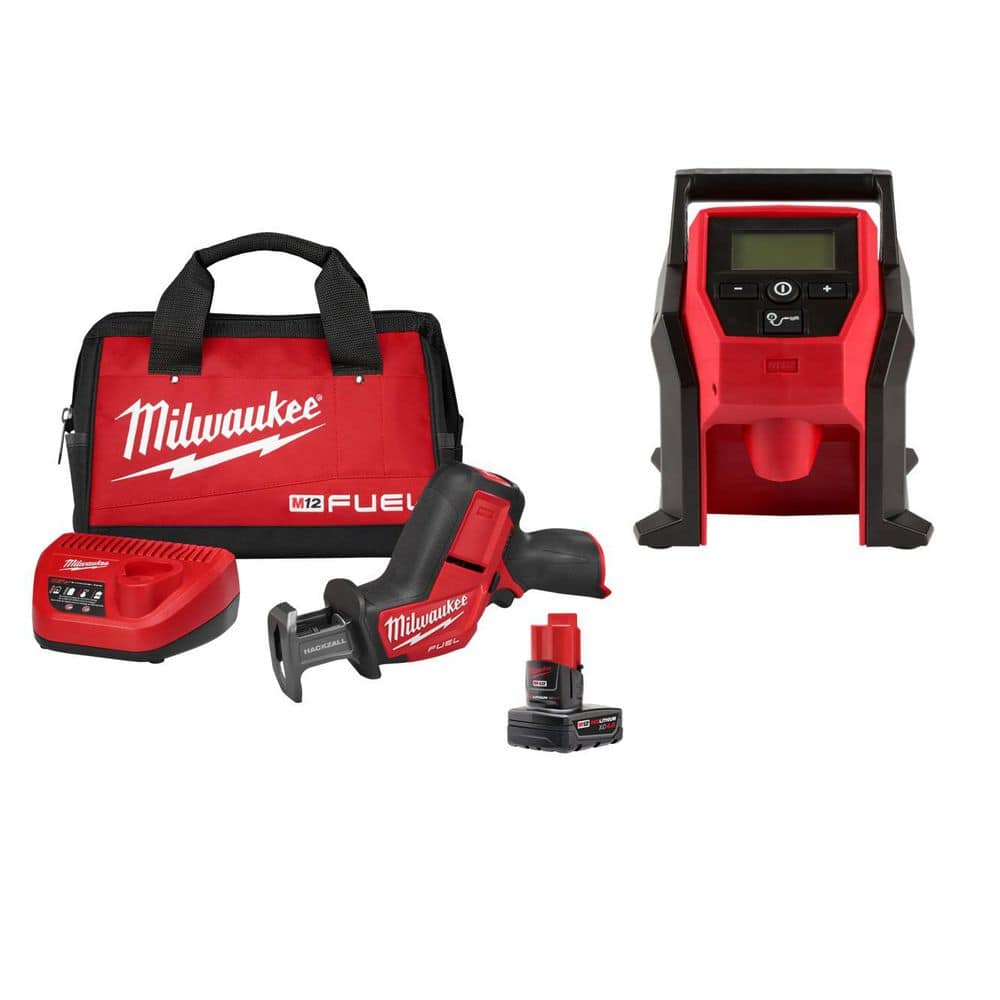 Milwaukee M12 FUEL 12V Lithium-Ion Brushless Cordless HACKZALL Reciprocating Saw Kit w/ One 4.0Ah Batteries Charger, Bag,&Inflator