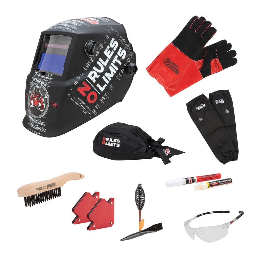 Lincoln Electric No Rules No Limits Welding Kit with Auto Darkening 7-13 Helmet, Gloves, Brush, Magnets, Doo Rag, Sleeves, Safety Glasses
