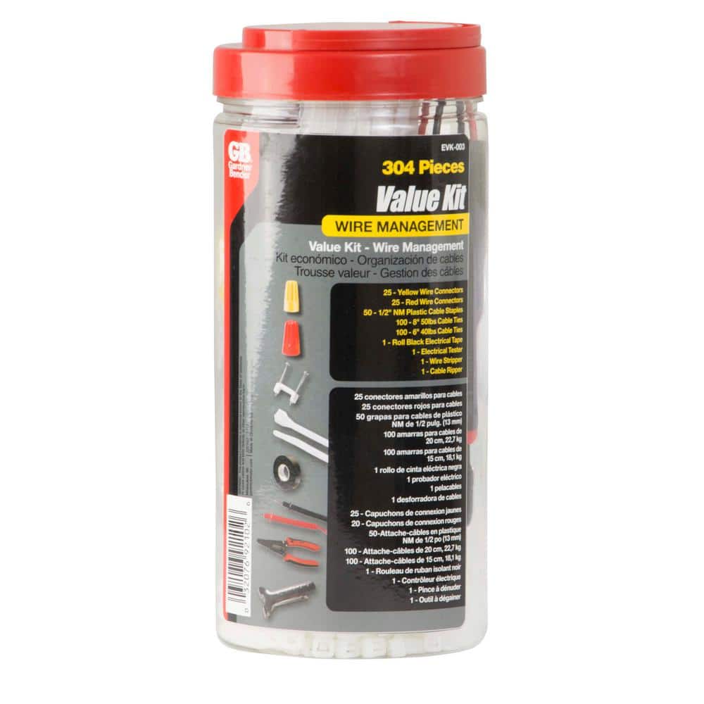 Gardner Bender 304-Piece Electrical Project Kit, Includes Tools, Tester, Wire Nuts, Cable Ties, Staples and Tape in Reusable Canister