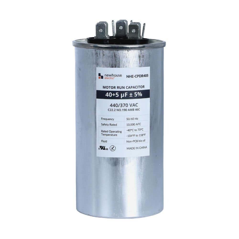 NEWHOUSE ELECTRIC Dual Run Capacitor 40/5 MFD 440/370 VAC for Air Conditioner and Heat Pump Systems, Round, Metal