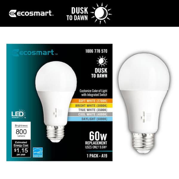 EcoSmart 60-Watt Equivalent A19 E26 Base Dimmable CEC Dusk to Dawn LED Light Bulb with Selectable Color Temperature (1-Pack)