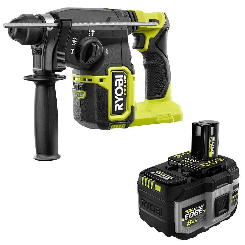 RYOBI ONE+HP 18V Brushless Cordless 1 in. SDS-Plus Rotary Hammer Drill with ONE+18V 8.0 Ah HIGH PERFORMANCE EDGE Battery