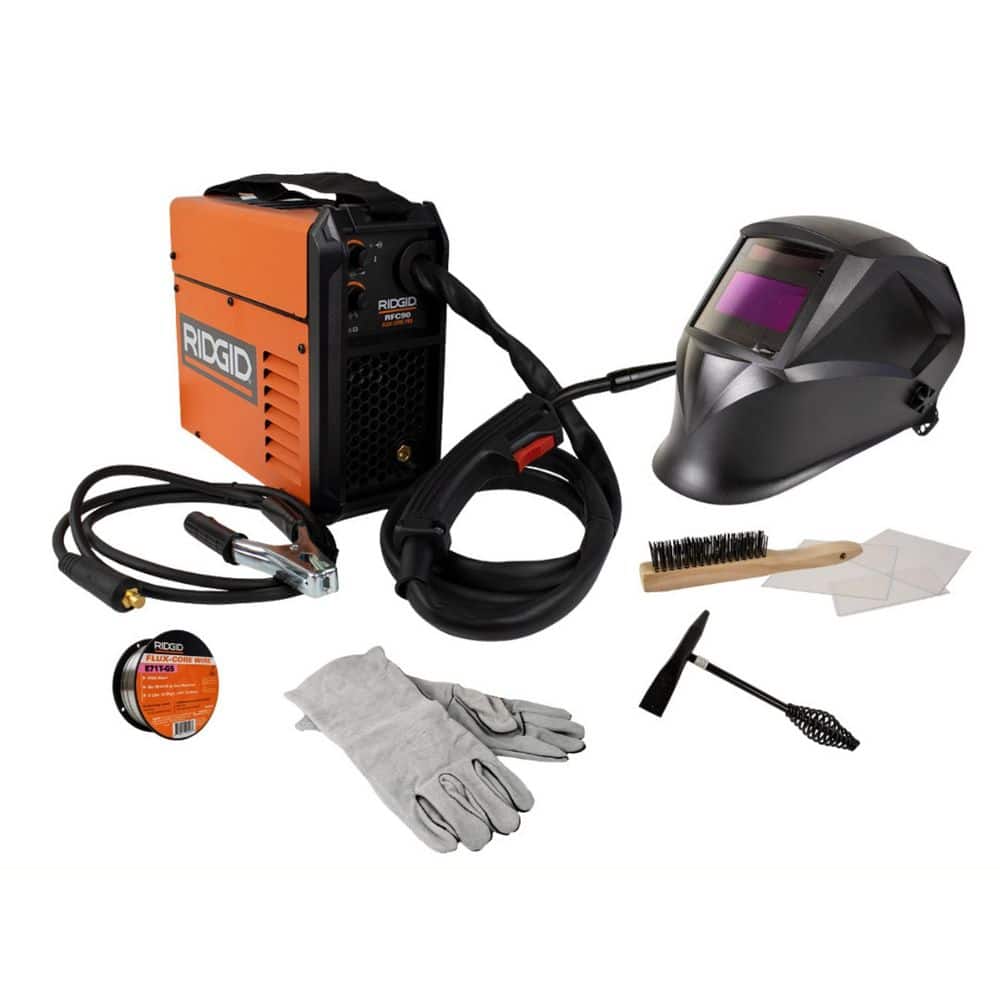 RIDGID 90 Amp, 120-Volt, Flux Core Feed Welder Kit with Auto Darkening Helmet, 2 lbs. Wire, Gloves, Wire Brush, Chipping Hammer