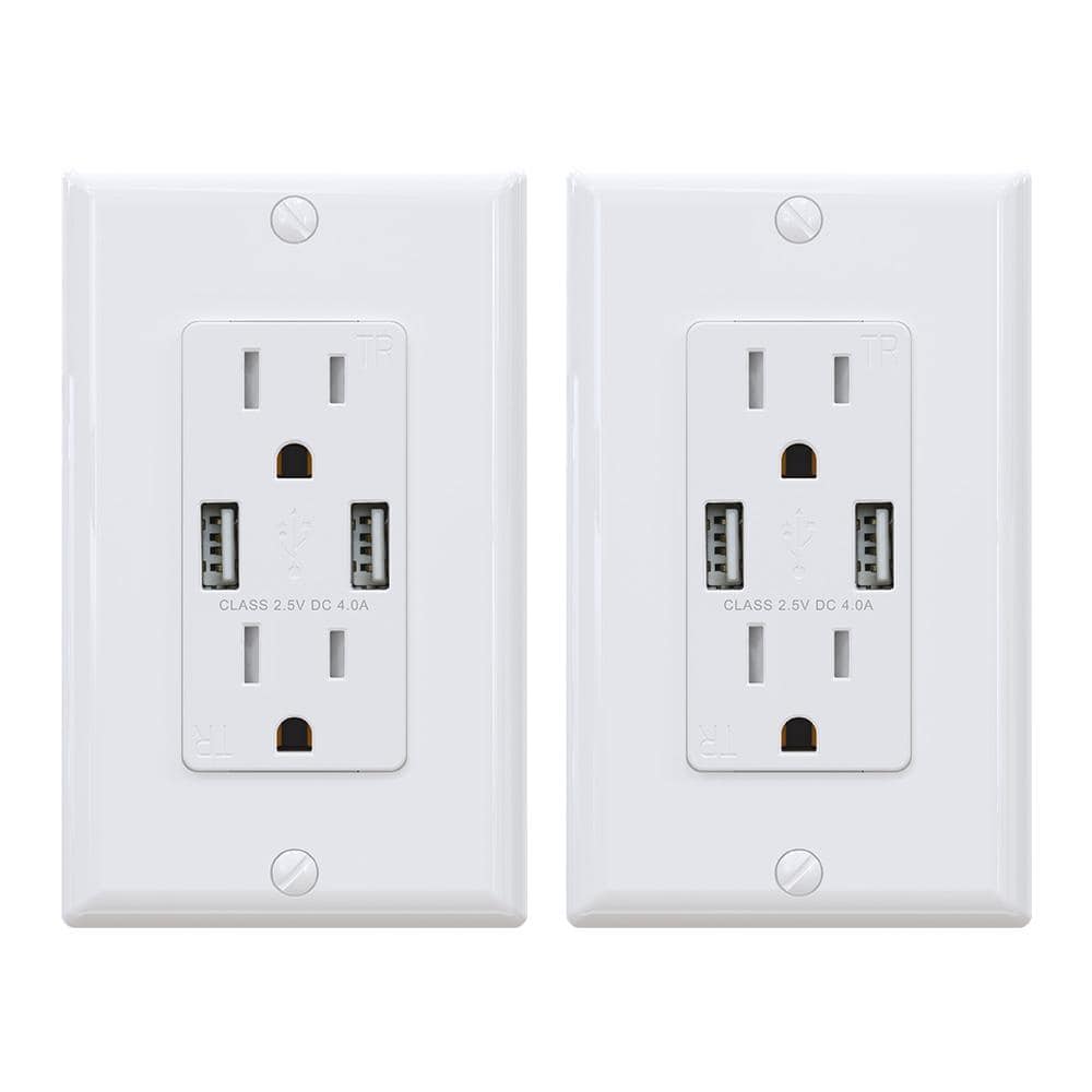 ELEGRP 4.0 Amp Dual USB Ports with Smart Chip, 15 Amp Duplex Tamper Resistant Outlet, Wall Plate Included, White (2-Pack)